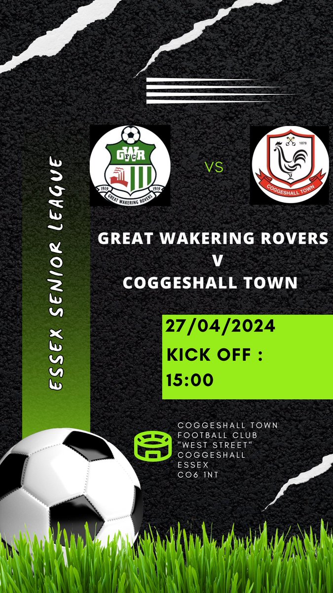 🟢⚪️ SATURDAY GAME ⚪️🟢

Tomorrow we are back on the road as we travel to <a href="/CoggeshallTown/">Coggeshall Town Football Club</a> 

After back to back midweek wins we are still in the hunt for the play offs. We need results to go our way but all we can do is put the pressure on and see what happens 

UP THE ROVERS 🟢⚪️