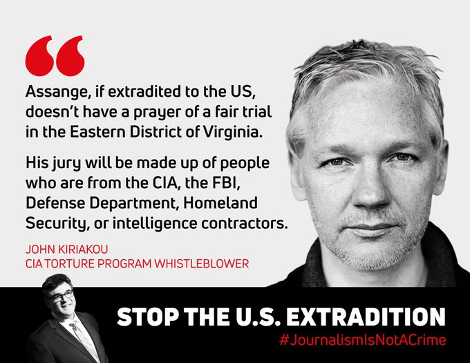 '#Assange, if extradited to the US, doesn't have a prayer of a fair trial in the Eastern District of Virginia. His jury will be made up of people who are from the CIA, the FBI, Defense Department, Homeland Security, or intelligence contractors'
John Kiriakou | CIA Whistleblower