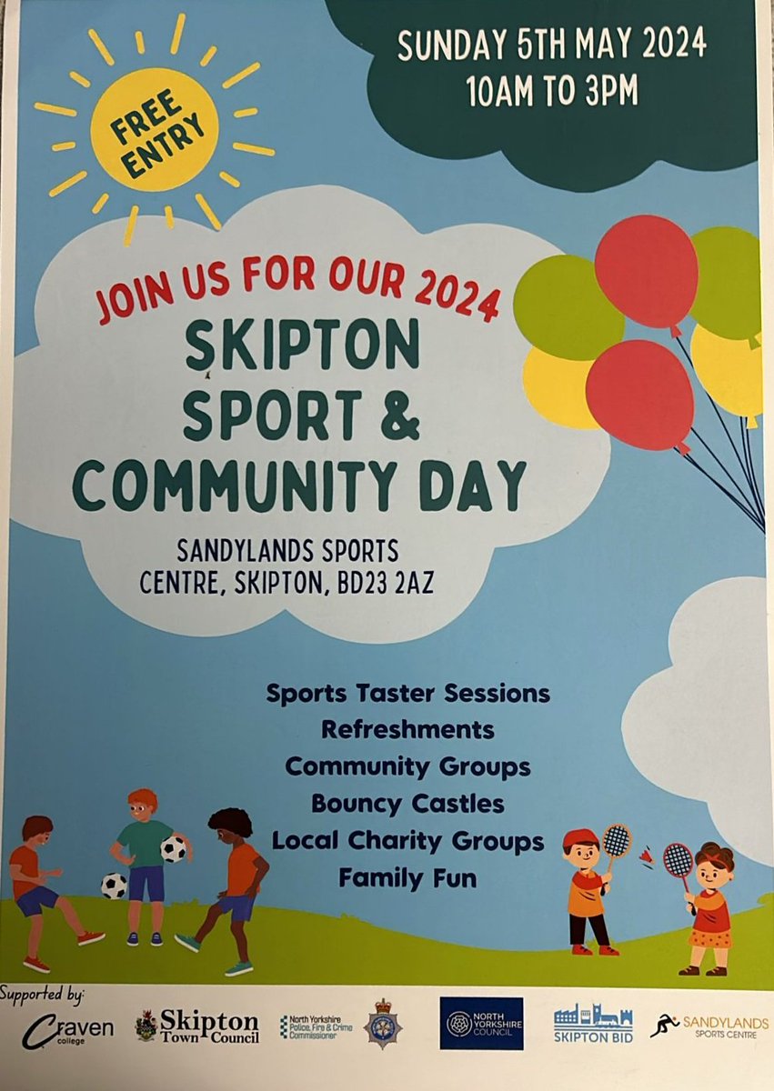 Come and join us on Bank Holiday Sunday 5th May for sport taster sessions and meet some of your local community groups! @SkiptonCouncil @pendlesams @SkiptonBID @SkiptonTennis @NYP_Craven @northyorksc @cravencollege @SkiptonRFC @SkiptonCricket @BrownBagCafe1 @TurbinesBball