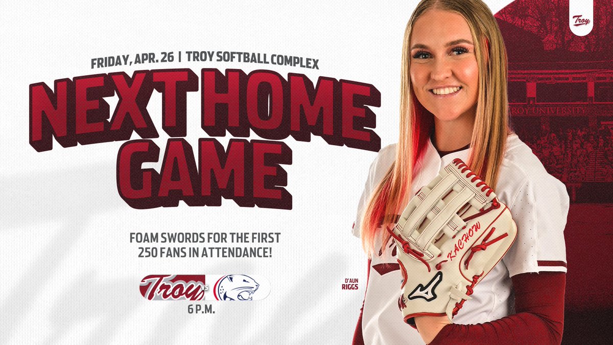 Wake up, its gameday! Be at the Troy Softball Complex tonight at 6:00 p.m. as @TroyTrojansSB opens a series against South Alabama! The first 250 fans will get a foam sword! #OneTROY⚔️🥎