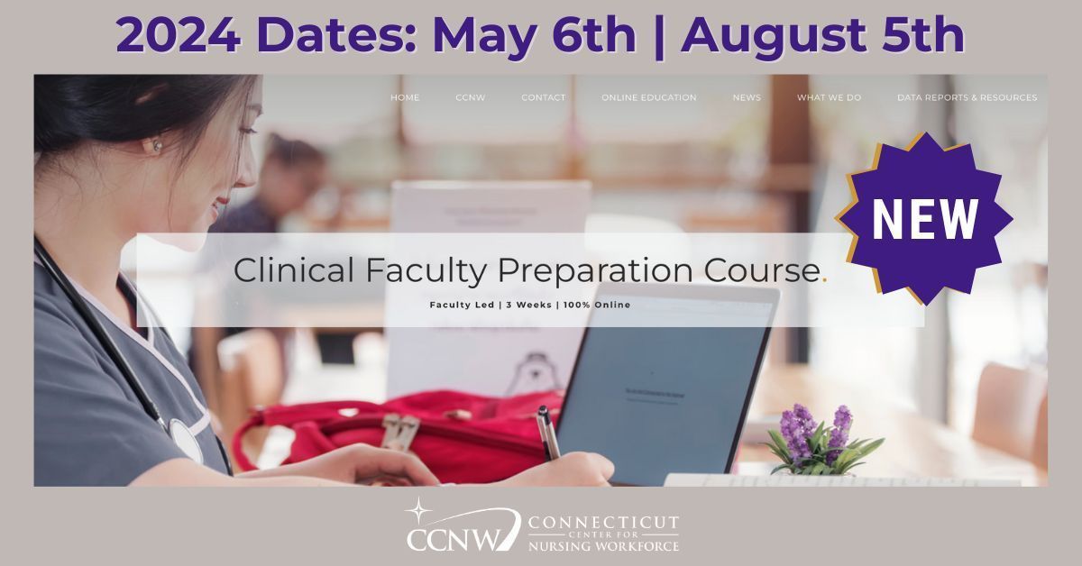 CLINICAL FACULTY PREP COURSE - Faculty Led. 3 Weeks. 100% Online.
➡️Start Dates:‼️May 6th | August 5th
Info: buff.ly/3GLkokk

REGISTER: Contact Peggy Mallick
203-691-5013 | peggy@ctcenterfornursingworkforce.com

#CCNW #nursingworkforce #clinicalfacultyct #nursingeducation