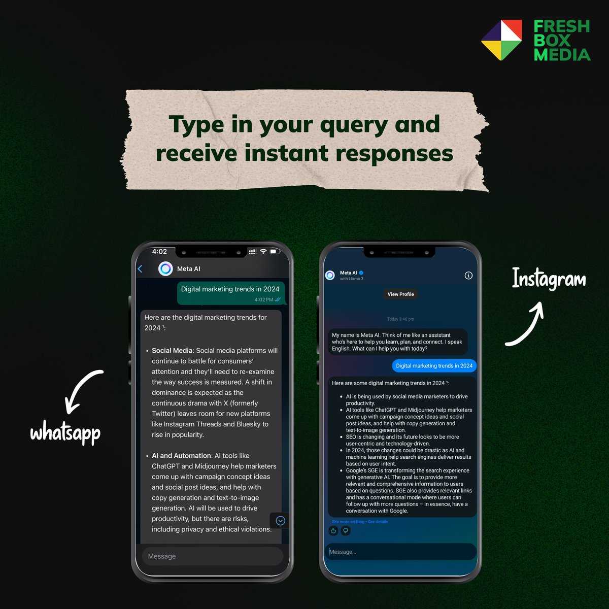FreshboxIndia's tweet photo. From answering queries to generating images instantly, META AI is set to streamline communication, saving you time and effort.
Have you explored it yet?
#BeFresh #FBM #FreshboxMedia
#meta #AI #chatbots #aiimage #metachatbot #digitalmarketingagency #marketing https://t.co/vIzRKEuWsd