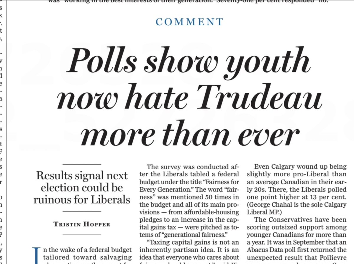 [Ouch] In a survey published Wednesday, support for the Liberal Party of Canada stood at just 12 per cent among Canadians aged 18 to 34. That’s not only the lowest of any age demographic, but it’s the lowest of almost any other voter segment that Angus Reid pollsters could…