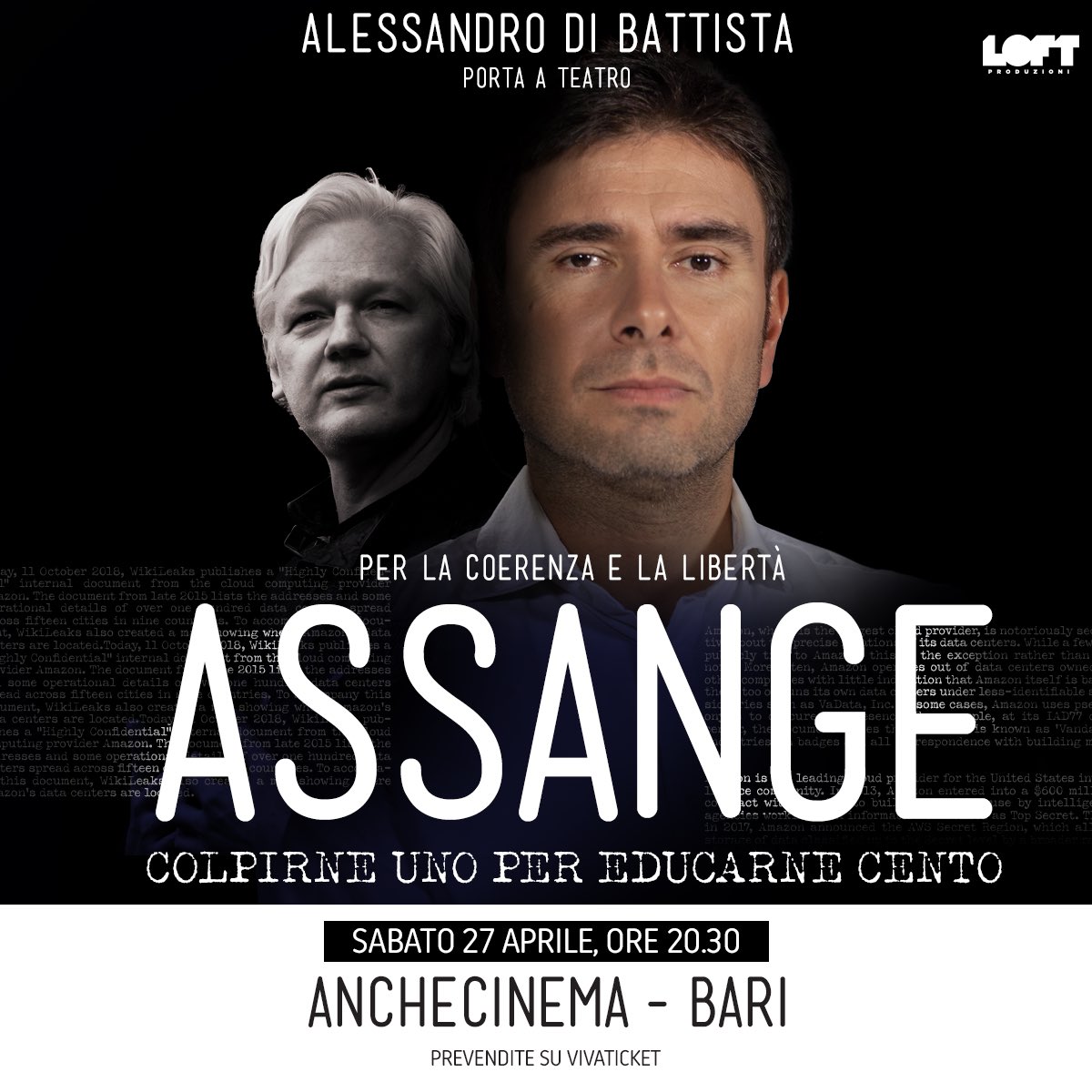 Domani sSabato 27 aprile) sarò a teatro a BARI (ore 20.30 AncheCinema, Corso Italia, 112) con il mio monologo sul caso Assange. I biglietti li potete prendere qui 👉 bit.ly/DiBattistaAssa… o direttamente a teatro. #FreeAssange