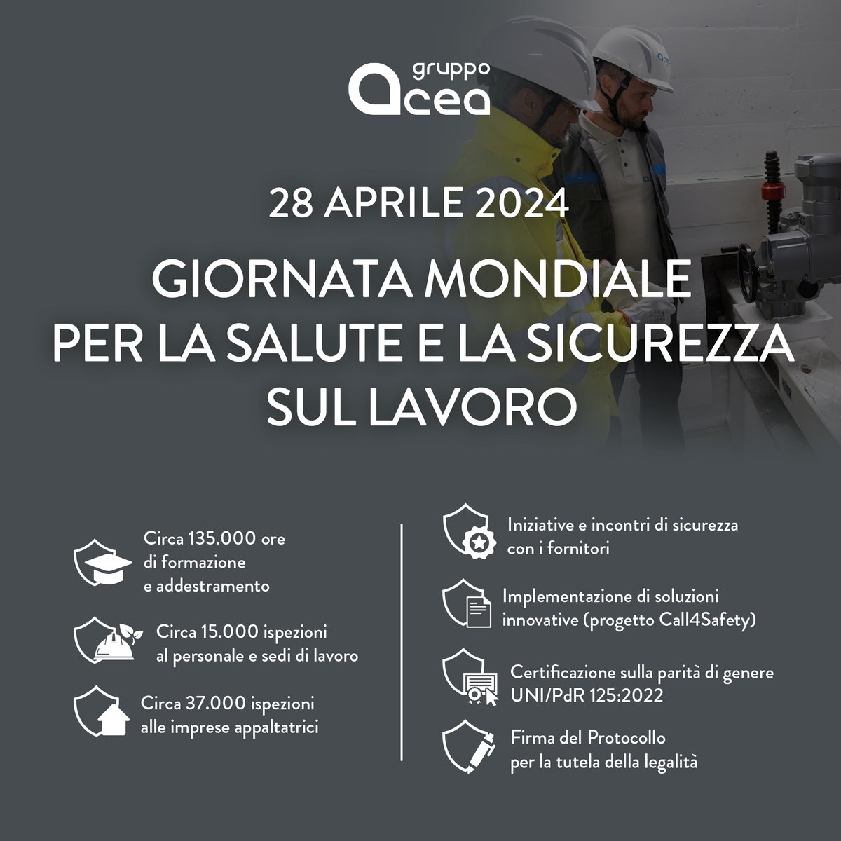 Ogni giorno, ci dedichiamo alla #sicurezza e alla #salute dei nostri colleghi. Oggi, rinnoviamo il nostro impegno nel garantire la tutela personale e professionale in azienda, consapevoli che ogni gesto conta. #WorldWHSday #AceaGruppo