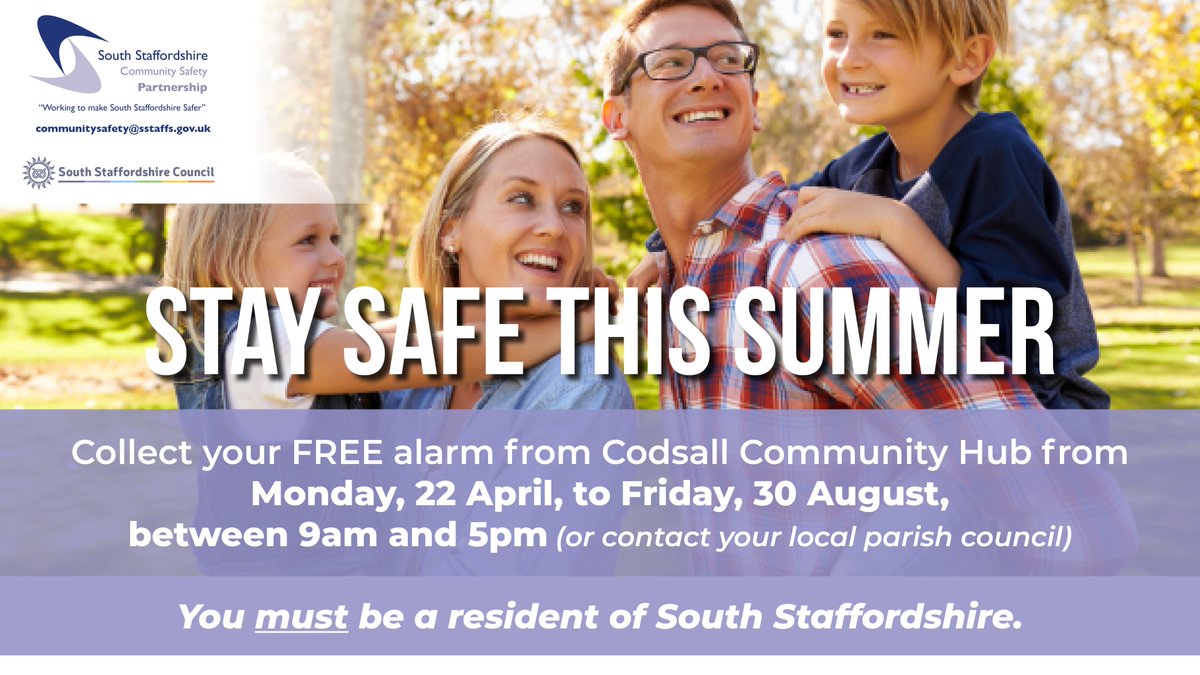 Off on a family day out this coming Bank Holiday? As well as your sunscreen, water bottles and snacks, why not add another safeguard to your backpack with one of our FREE personal alarms. Collect yours from Codsall Community Hub from Mon, April 22 to Fri, Aug 30, 9am-5pm.