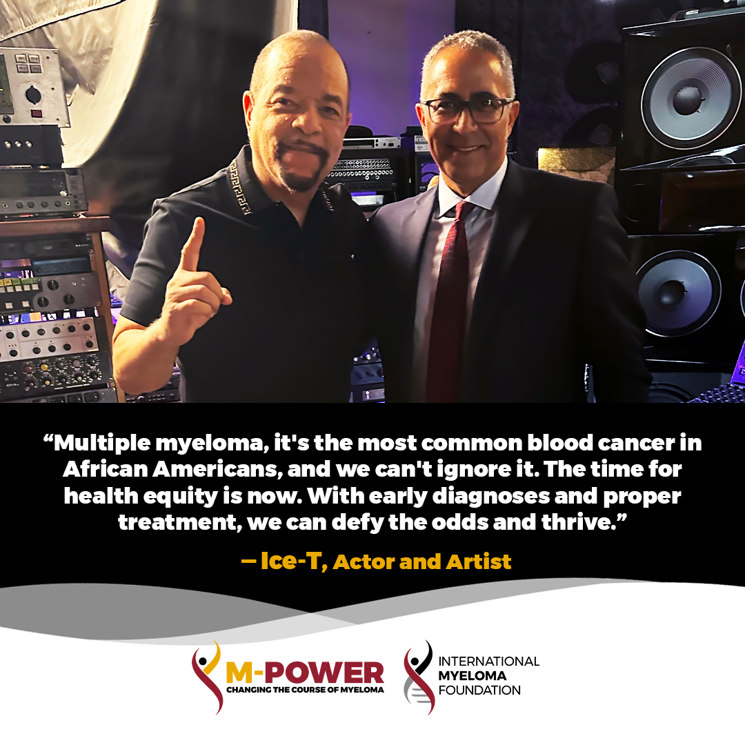 Multiple myeloma is the most common blood cancer among African Americans. Ice-T said it best — this #MinorityHealthMonth, let’s come together and fight for our community. youtu.be/UpZCpVMMphQ #IMFMPower