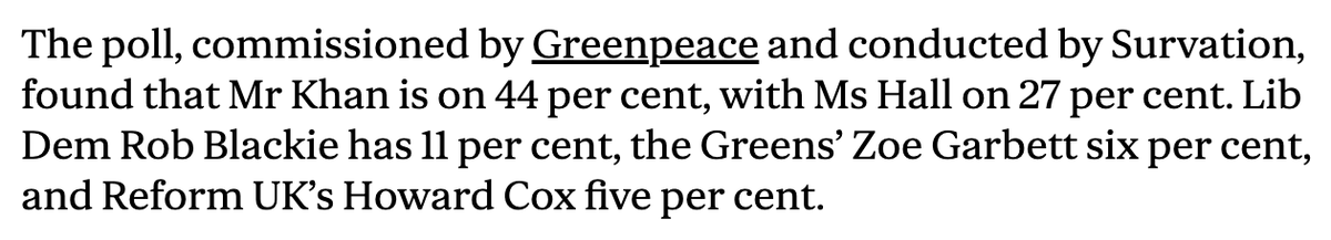 Another #LondonMayor poll, this time by @Survation (for Greenpeace). It gives #Sadiqkhan a 17-point lead over #susanhall. Previous Survation poll (early April for ITV London) had him 18 ahead: standard.co.uk/news/london/su….