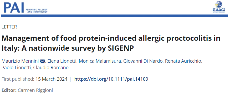 You may have a look at this #letter “Management of food protein-induced #AllergicProctocolitis in Italy: A #NationwideSurvey by #SIGENP” published in the #PAI_Journal, here: 🔗 doi.org/10.1111/pai.14…
#foodproteininduced #management