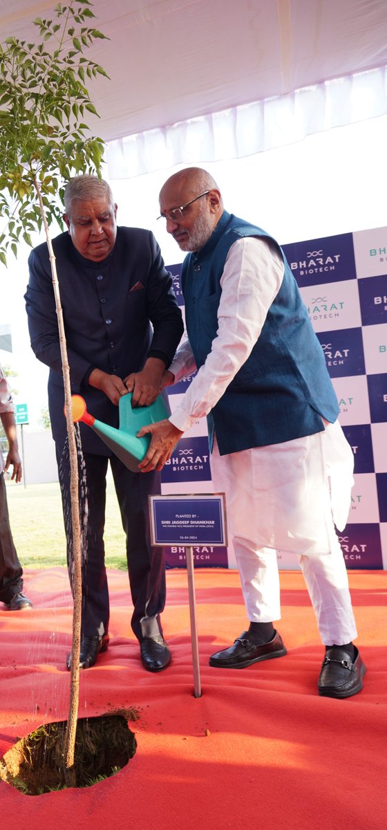 Hon'ble @VPIndia visited #BharatBiotech & admired its dedication & resilience during unprecedented challenges & urged greater collaboration between industry, academia & support to back more research in all sectors. He planted a sapling, along with Hon'ble @CPRGuv.