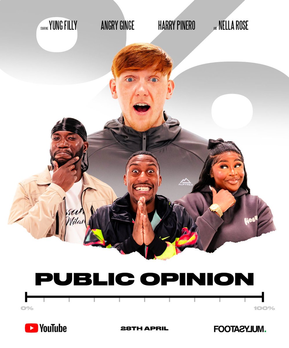PUBLIC OPINION our BRAND NEW SERIES is officially here THIS Sunday at 7PM 🚨 watch @angryginge13 @yungfilly1 @nellarose & @harrypinero react to YOUR opinions 👀 You don't want to miss this #footasylum #publicopinion