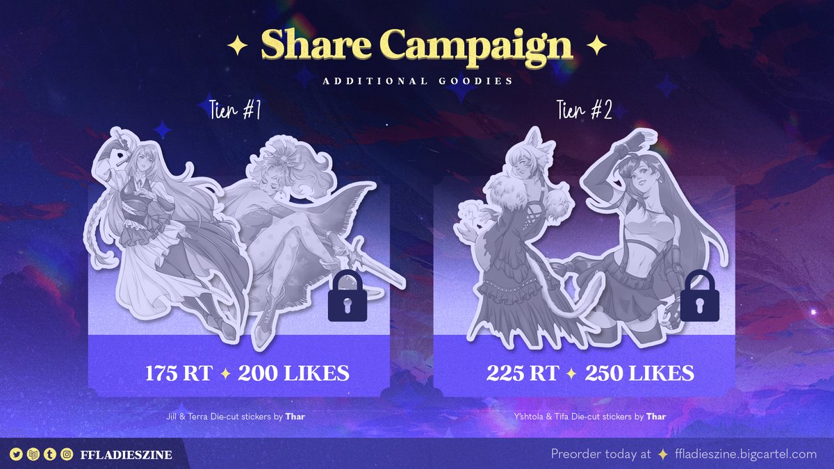 ✨ SHARE CAMPAIGN 💎 Help us reach the following RTs & Likes on our PO post below to unlock @thecinnaminion's gorgeous stickers! 🔒 175 RTs + 200 Likes: Jill & Terra 🔒 225 RTs + 250 Likes: Y'shtola & Tifa Stickers are included in all bundles once unlocked! 💜