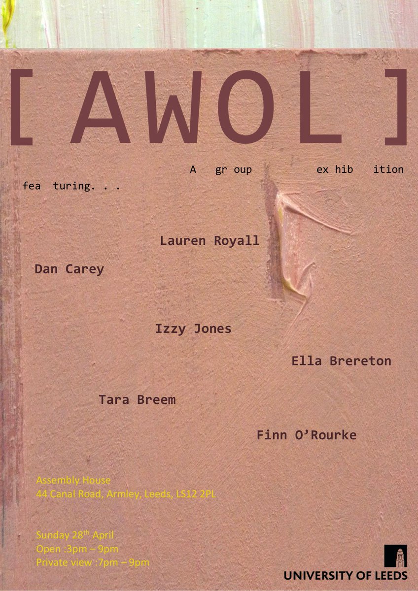 Looking for something to do on a Sunday afternoon? Go 'AWOL'! #AWOL is an exhibition of contemporary #art featuring works by 6 #FineArt students @UniversityLeeds who work across multiple media Sunday 28 April, 3-9pm @Assembly_Leeds ahc.leeds.ac.uk/events/event/3… #FestivalOfArt2024