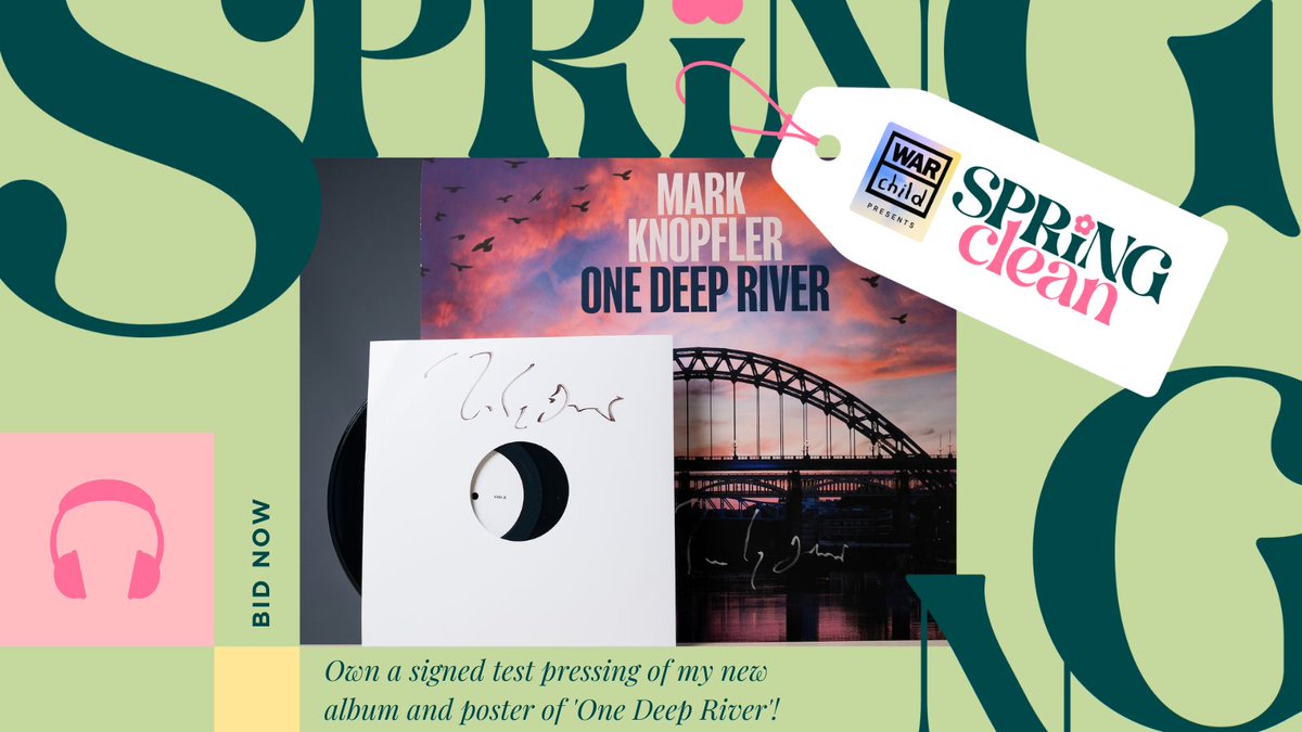 Mark Knopfler has donated a signed test pressing and one-of-a-kind poster of his new album One Deep River to the @WarChildUK presents Spring Clean online auction. 🔗 Bid now at bit.ly/3UdgsxZ The online auction runs from April 25th to May 16th. #SpringClean #WarChild