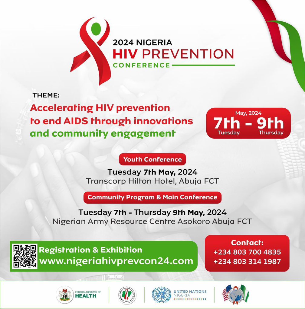 Ensure you attend the Nigeria HIV Prevention Conference 2024 in Abuja from the 7th to 9th of May, 2024. 

The conference aims to raise public awareness. Register at nigeriahivprevcon24.com/registration. 

#AYP4Change 
#NHIVYPC2024