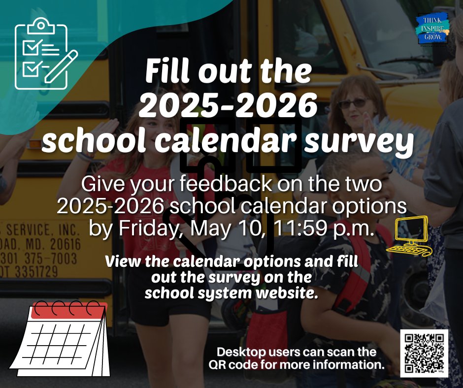 CCPS wants your feedback. 🗣 View the two 2025-2026 school calendar options here: bit.ly/3QhZsFI. Take the survey and give your feedback now 'til Friday, May 10 at 11:59 p.m. Visit, bit.ly/3QlgpyZ for more information.