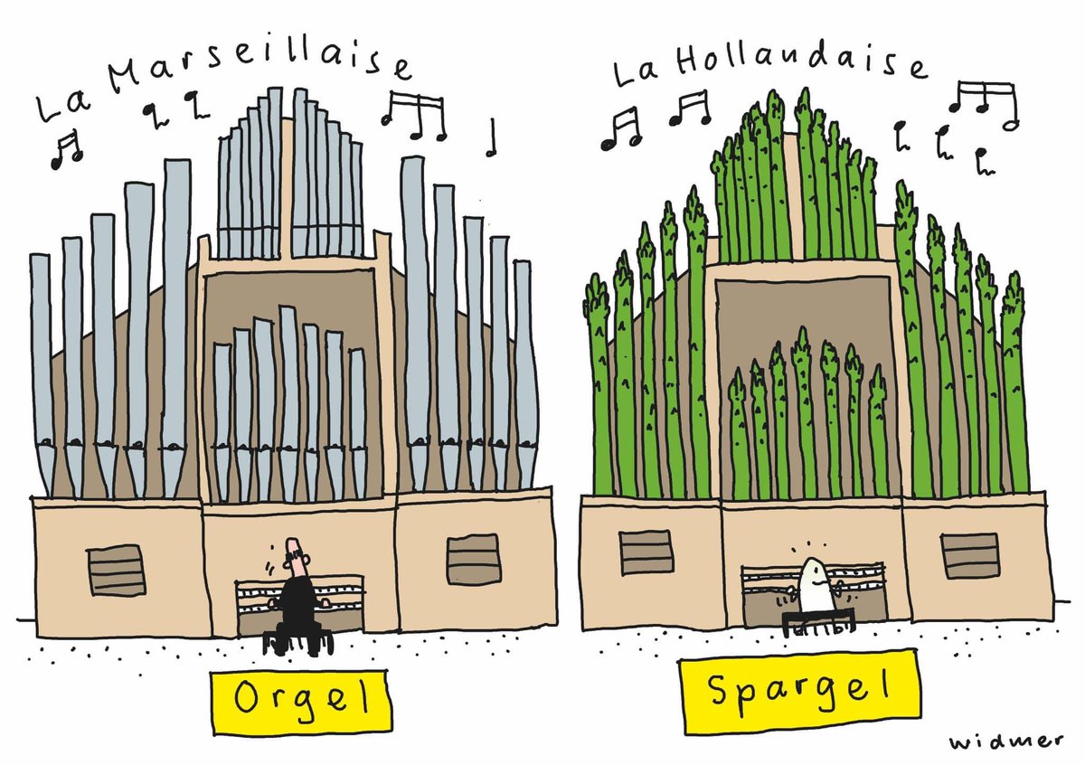 WOZ Die Wochenzeitung, 25.4.24) #spargelsaison #orgel #spargel #spargeln #spargelzeit #saucehollandaise #hollandaise #cartoon #wozwochenzeitung #ruediwidmercartoons