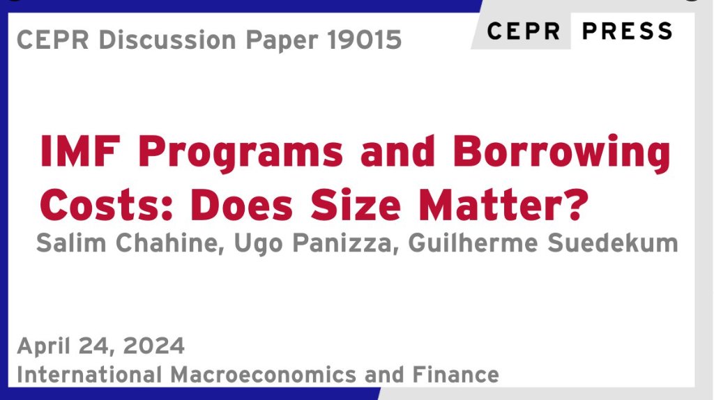 New @cepr_org paper with Salim Chaine & @suedekum on the effects of @IMFNews programs on borrowing costs 1/ We study the effects of #IMF program size on yield of bonds issued before and after IMF arrangements. Let's dive in. A short 🧵with links below