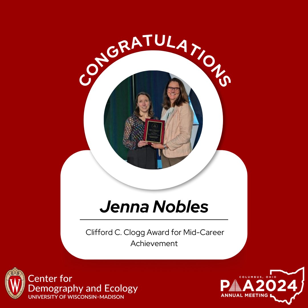 🎉Congratulations CDE director & @uwcdha affiliate Jenna Nobles (@je_nobles) for receiving the Clifford C. Clogg Award for Mid-Career Achievement at #PAA2024 @PopAssocAmerica