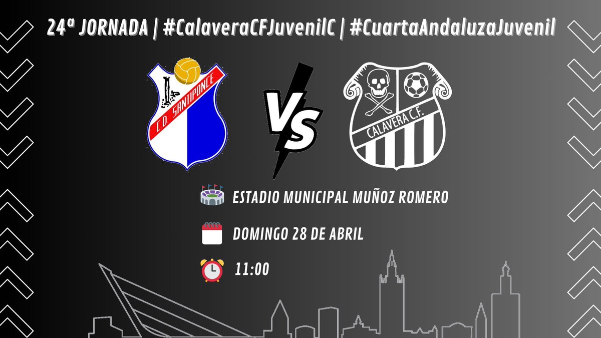☠️ MATCHDAY | #CalaveraCFJuvenilC 

🏴‍☠️ Nueva oportunidad para nuestro tercer equipo juvenil de proclamarse campeón de su grupo. Los chicos de <a href="/SamuelMacias92/">Samuel Macias Mateo</a> visitan al <a href="/cd_santiponce/">CD SANTIPONCE</a> en busca de una victoria que certifique el título y el ascenso. ¡VAMOS!
