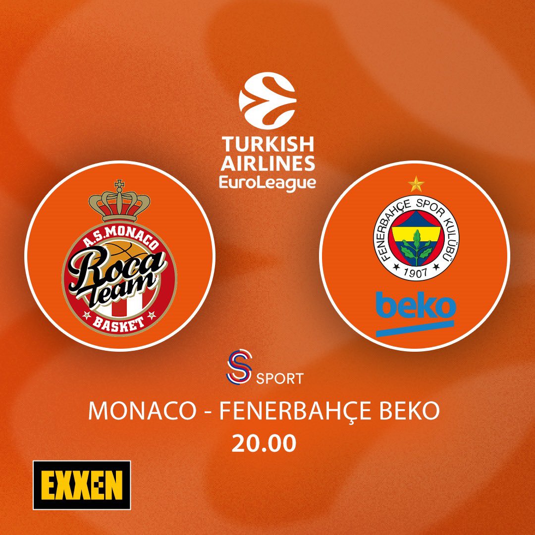 'Monaco - Fenerbahçe Beko' karşılaşması bu akşam 20.00'de S Sport'tan canlı yayınla EXXEN'de.