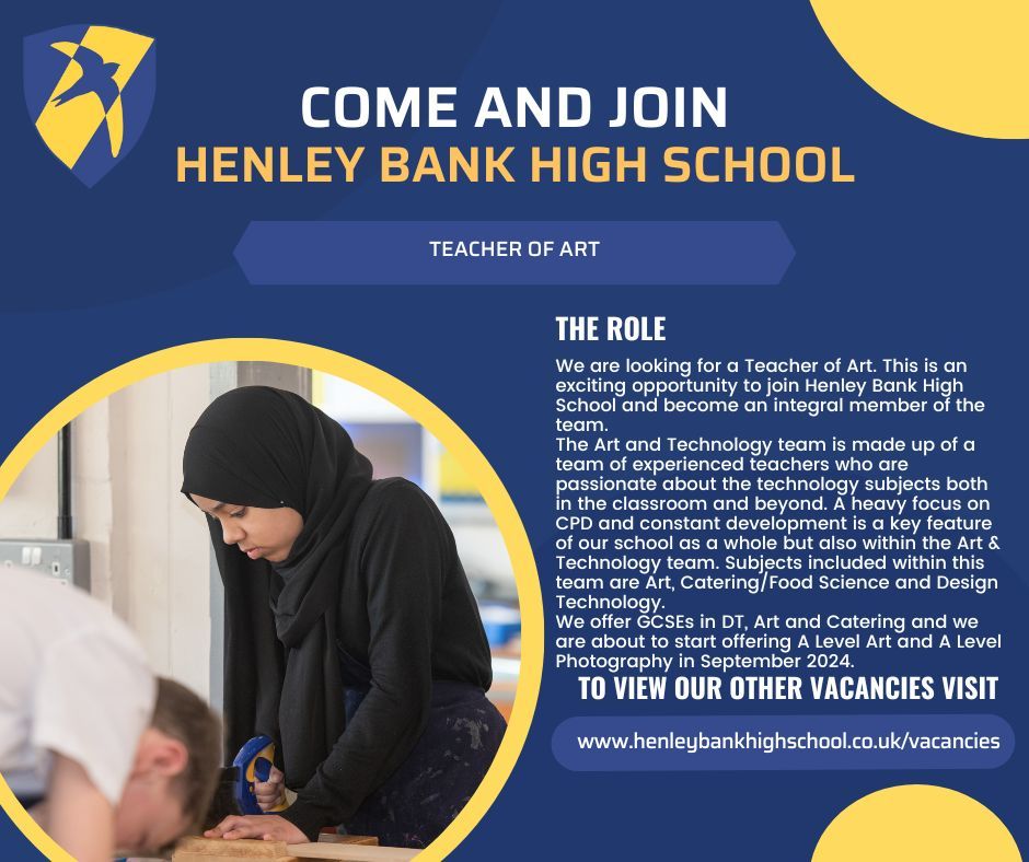 We are recruiting for a Teacher of Art to join our school family. Closing Date: 08/05/2024 To apply and for more info, visit: buff.ly/3HOvowT #HBHSCareers #HBHS #TeachingJobs