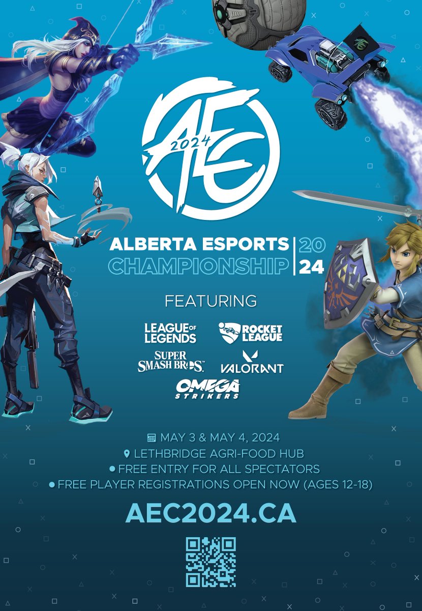 We're just ONE WEEK away from the start of the Alberta E-Sports Championship here in Lethbridge at the @YQLagrifoodhub on May 3-4, 2024. The event is open to all Middle and High School Students!! To sign up, you can visit aec2024.ca #ESports #Championship #hs4