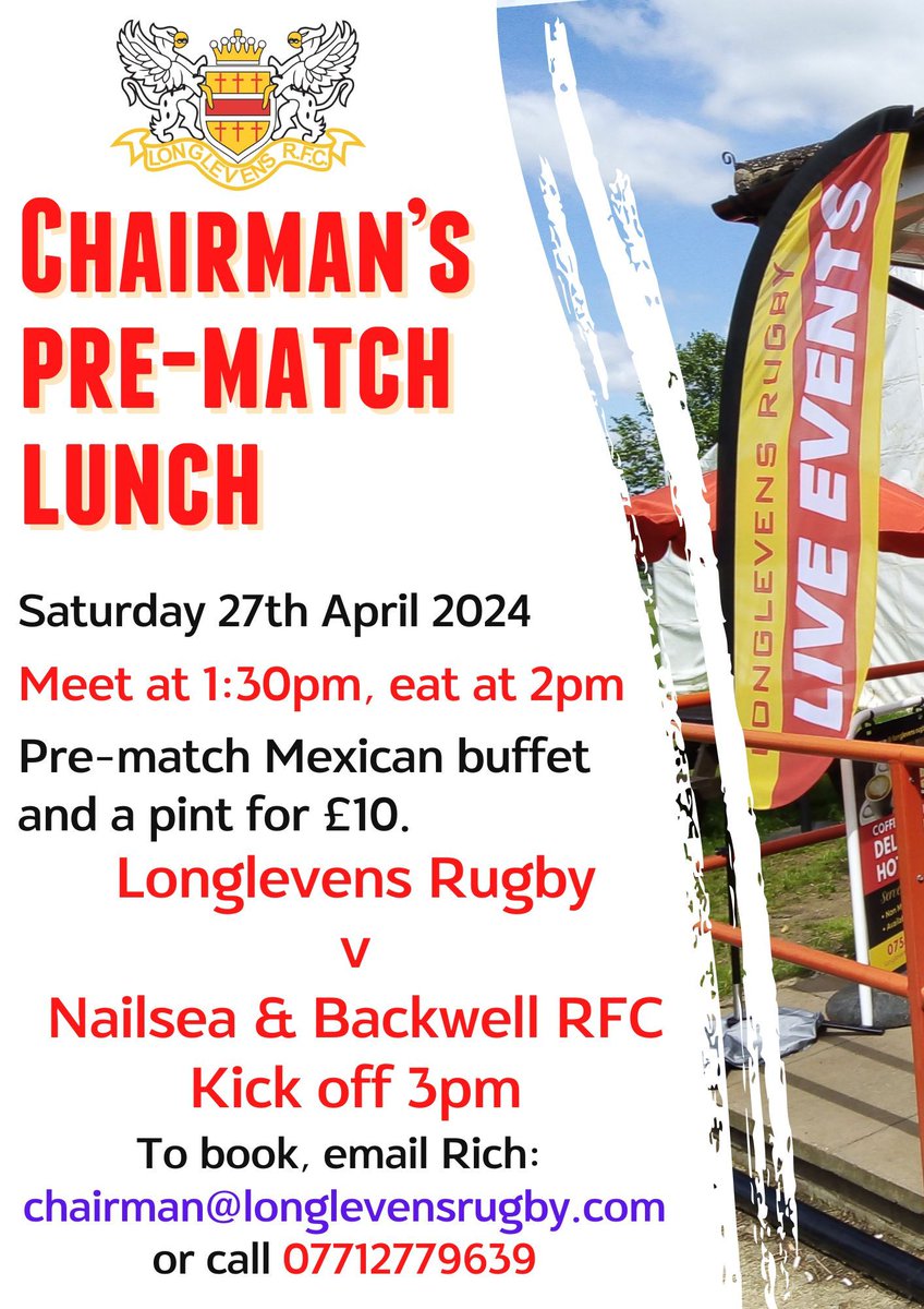 🏉 Join the Chairman tomorrow and enjoy a Mexican buffet followed by the Papa John's Cup Quarter-Final, Longlevens Rugby v Nailsea & Backwell RFC. 💪#UpTheGriffins Meet at 1:30pm, eat at 2pm, kick off 3pm. To book email Rich: chairman@longlevensrugby.com or call 07712779639