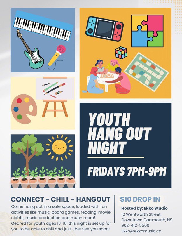 Our friends at Ekko Mindful Music Studio are kicking off their Youth Hang Out Nights TONIGHT! Every Friday from 7pm-9pm, youth aged 13-18 are invited to come hang out in a safe place that is filled with fun! No registration necessary. $10 drop in. Contact Ekko for more info.