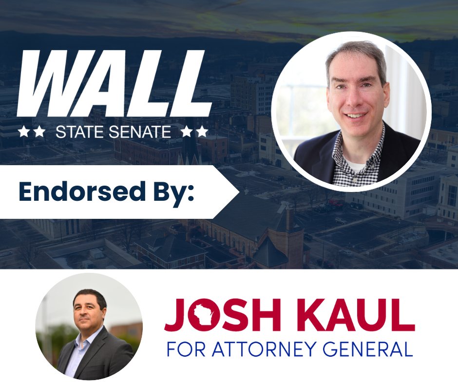 I am honored to have the support of @JoshKaulWI. In the State Senate, I look forward to working with our Attorney General to keep communities in Wisconsin safe, to protect our environment, and to defend reproductive freedom