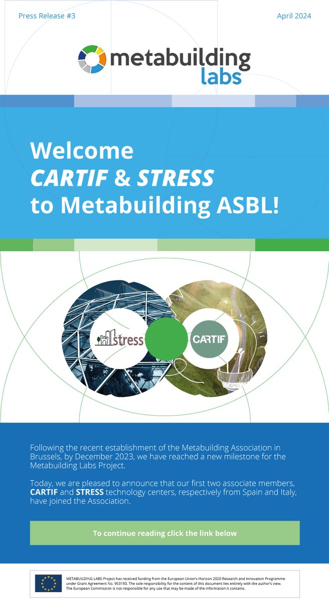 ▶️#MetabuildingLabs | Press Release Nº3 (April 2024) has been released : lnkd.in/dUySdjjY👇 We're pleased to welcome @CARTIFCT & @StressScarl as the first 2 members of #Metabuilding Association!🎯 @EU_Commission #OITB #testingfacilities #h2020 #TestBeds #OITB #LivingLabs