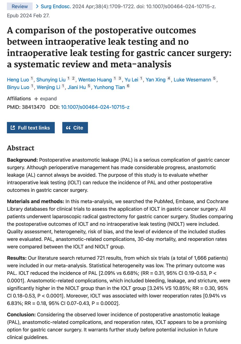 Meta-analysis shows intraoperative leak testing (IOLT) lowers postoperative anastomotic leakage risk in gastric cancer surgery (2.09% vs 6.68%) and reduces complications and reoperations. #GastricCancer #SurgicalOutcomes #PatientSafety