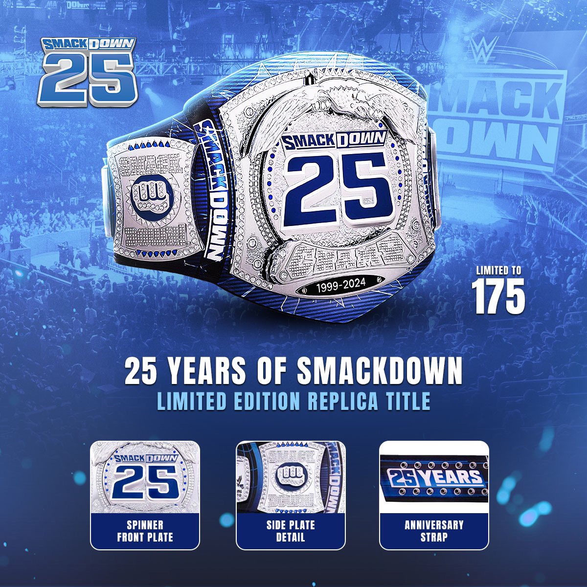 Celebrate 25 Years of SmackDown with this Limited Edition Spinner Replica Title! Available NOW at #WWEShop! #WWE #SmackDown 🛒: bit.ly/4aRniAq