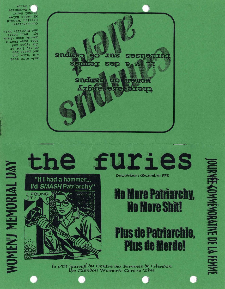 Z for Zines! #ArchivesAtoZ Short for 'fanzines', zines are small-batch independently published works to express thoughts and artistic vision, like this December 1998 'The Furies' from the Glendon Women's Centre to mark Women's Memorial Day.