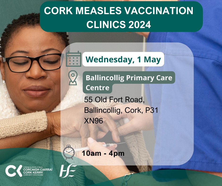 📢Is it time to get the second dose of your MMR vaccine? ➡️Make sure you're protected by joining us next week in #Ballincollig to get your free MMR vaccine 📅1 May 📍Ballincollig Primary Care Centre 🕒10am-4pm 👨‍💻www2.hse.ie/services/mmr-v…