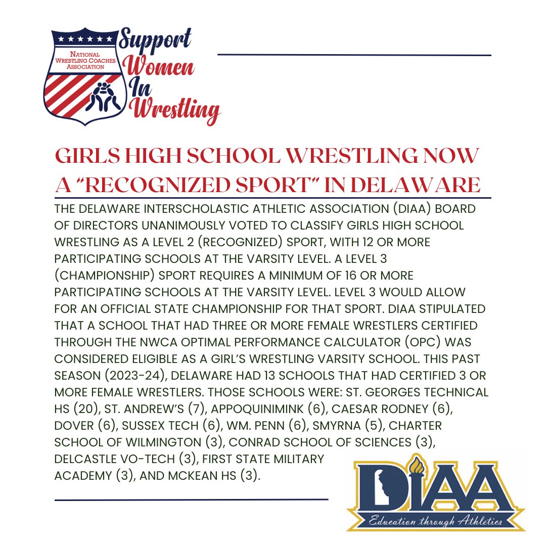 It was a privilege to attend the @DIAA_Delaware Board meeting with two great wrestling ambassadors, Vic Leonard & Buddy Lloyd, so we could ask for their consideration of “recognizing girls high school wrestling.' I am thrilled to report that the Board has agreed to the following: