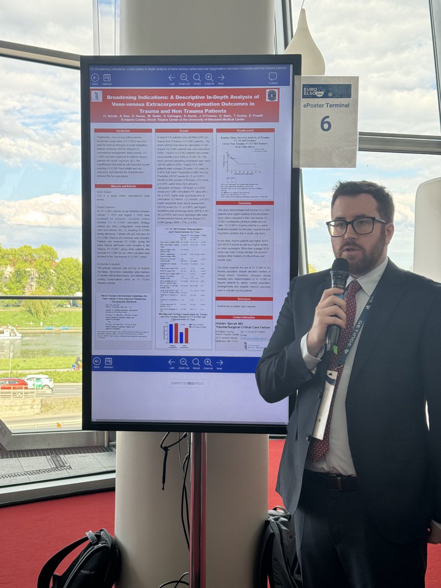 Surgical critical care fellow Dr Holden Spivak presents his VV ECMO trauma patient comparison research at #EuroELSO2024. We are proud of you, Holden! ⁦@EuroELSO⁩ ⁦@ShockTrauma_CC⁩ ⁦@shocktrauma⁩