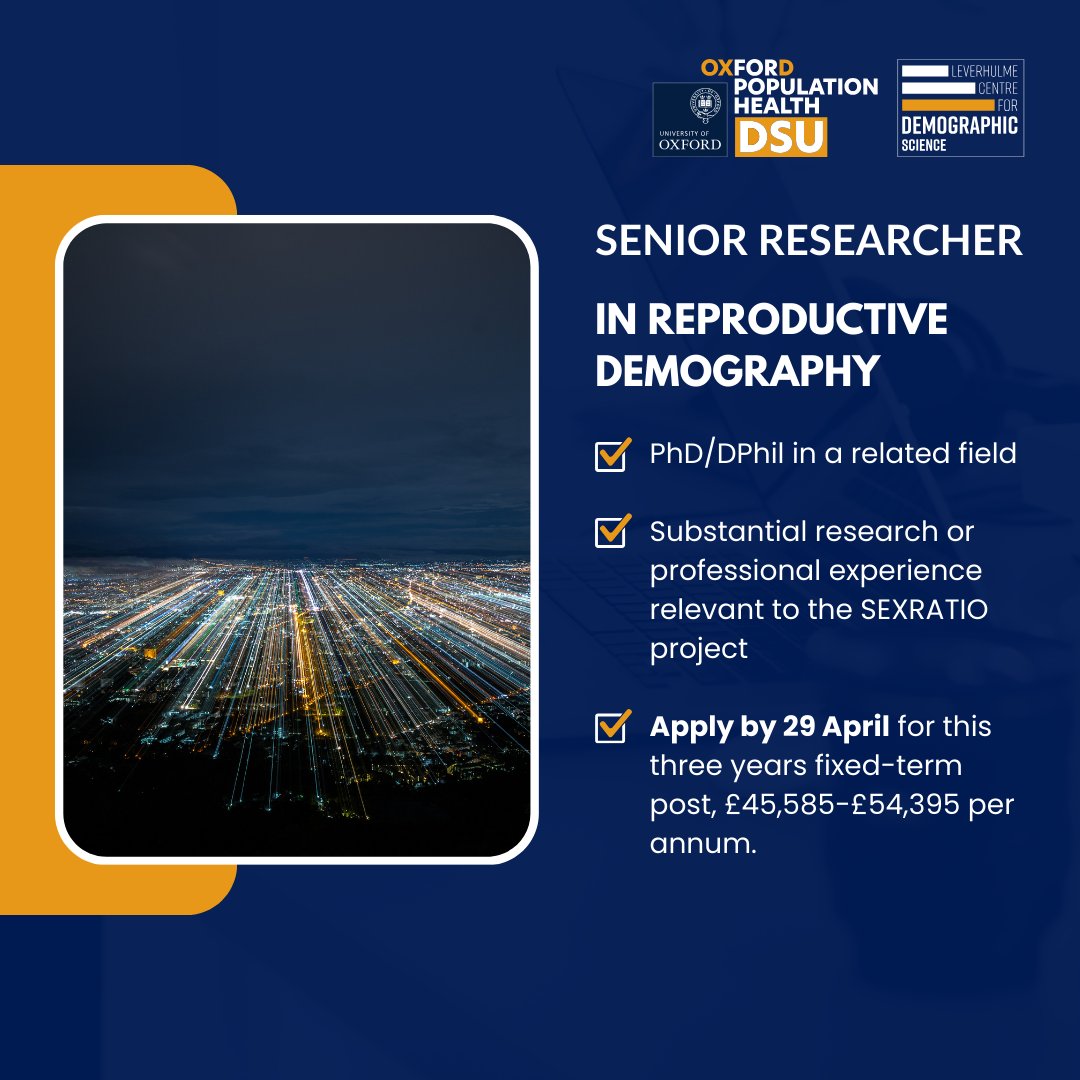 Leverhulme Centre for Demographic Science (@oxforddemsci) on Twitter photo 🚨 Last chance to apply for our Senior Researcher position in Reproductive #Demography, applications close on Monday ➡️ demography.ox.ac.uk/jobs
<a href="/Oxford_NDPH/">Oxford Population Health (OxPop)</a> #PopTwitter 🚨 Last chance to apply for our Senior Researcher position in Reproductive #Demography, applications close on Monday ➡️ demography.ox.ac.uk/jobs
<a href="/Oxford_NDPH/">Oxford Population Health (OxPop)</a> #PopTwitter