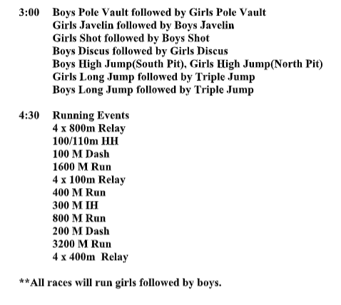 Here are the order of events for the HS track meet at Marysville!