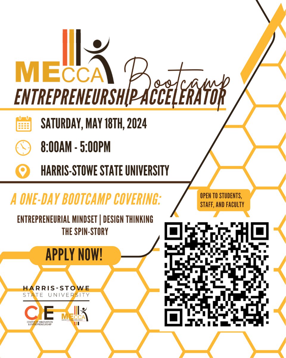 The Anheuser-Busch School of Business MECCA at HSSU invites you to apply for the 2024 MECCA Accelerator Bootcamp, an intensive one-day program, designed to empower aspiring entrepreneurs. Scan the QR code to learn more.