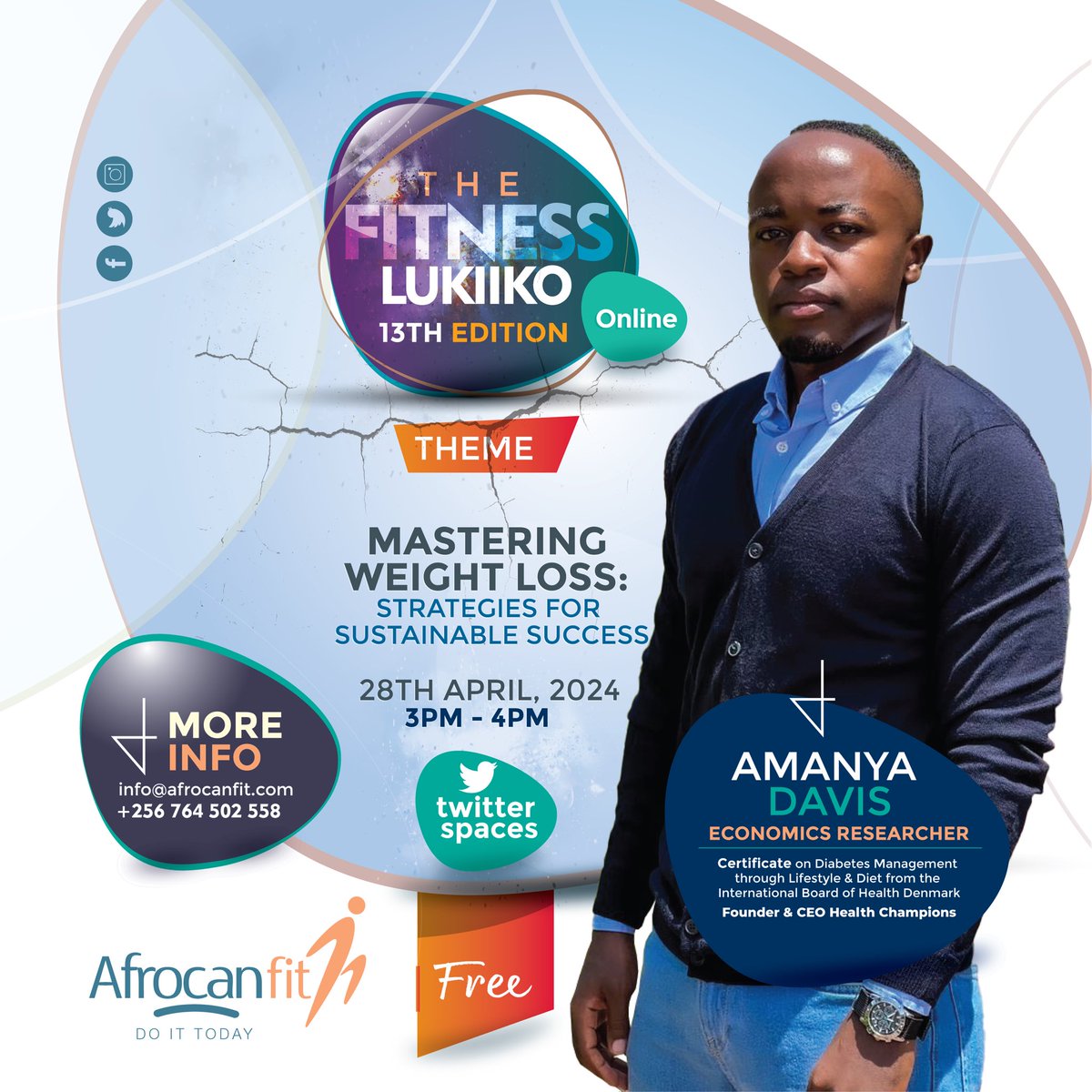 I will be hosted by @afrocanfit for the 13th Edition of the #thefitnesslukiiko I will discuss everything I have applied to master WeightLoss & how it has helped me to become a great student of Health Join us to understand how the Body works & communicates #HealthChampions