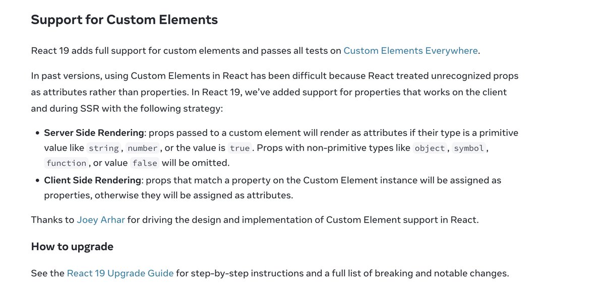 React 19 Beta is here, and finally has better support for HTML custom elements: react.dev/blog/2024/04/2… 'React 19 adds full support for custom elements and passes all tests on Custom Elements Everywhere.' via @kevincoyle