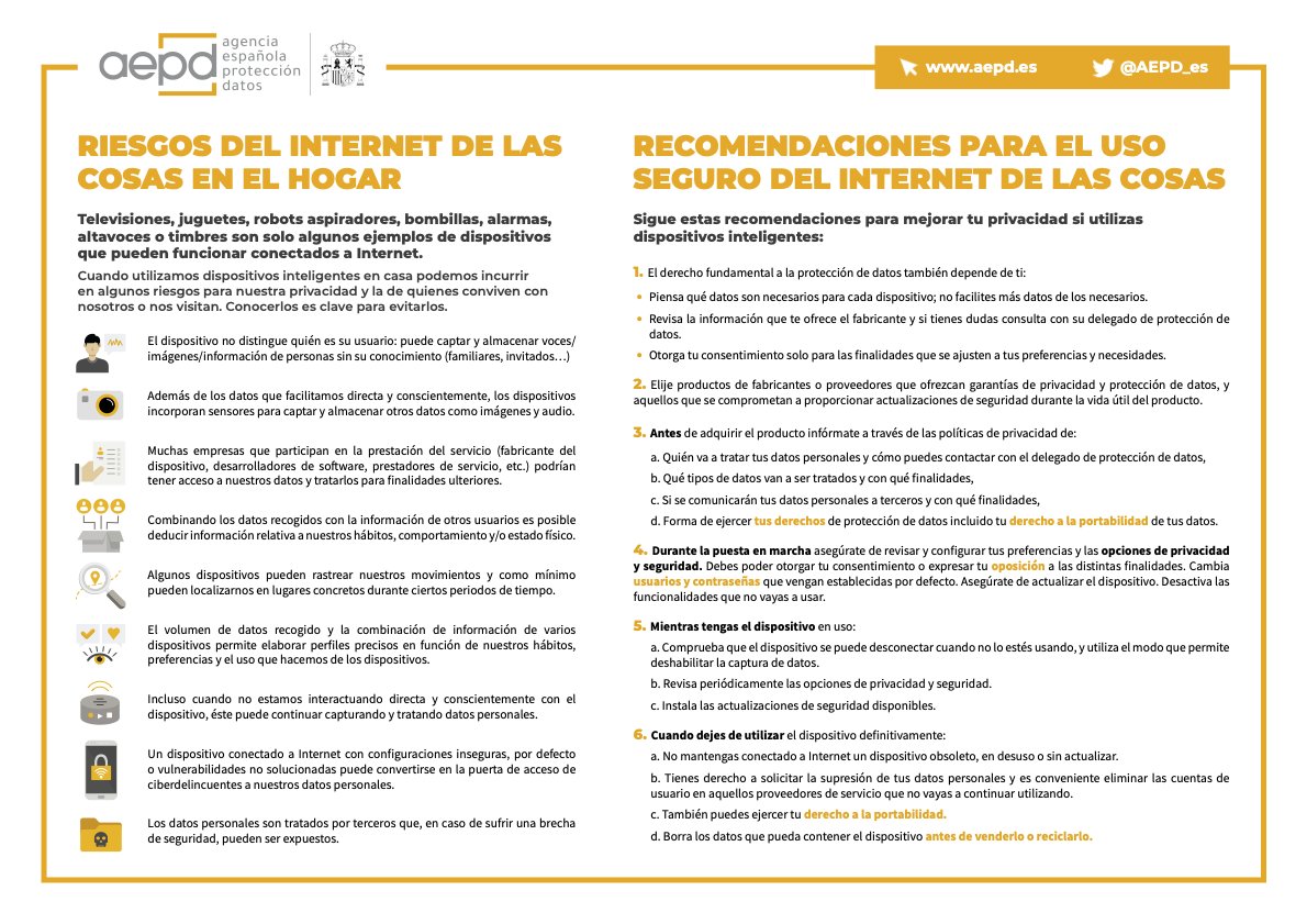 Si utilizas dispositivos inteligentes en casa, puedes mejorar tu privacidad: 🚫 No facilites más datos de los necesarios. 💡 Elige productos de fabricantes que ofrezcan garantía. 🔄 Instala las actualizaciones de seguridad. Más info: aepd.es/infografias/in…