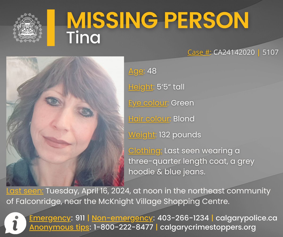 🔎 MISSING PERSON 🔍 We are asking for the public’s help to locate Tina. 📍 Tina was last seen on Tuesday, April 16, 2024, at about noon in the northeast community of Falconridge. 🌐 newsroom.calgary.ca/missing-person…