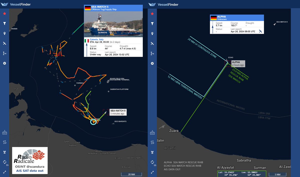 47 Naufraghi salvati stamane in acque internazionali, a 26 miglia nautiche nord di Sabrata #Libia, dalla nave di soccorso ONG 🚢#SeaWatch5. La prefettura ha allertato gli enti per lo sbarco nel POS di #Catania (AIS ETA 28/4 05:00). 📍OSINT Radio Radicale Update in thread ⏳🔢🧵