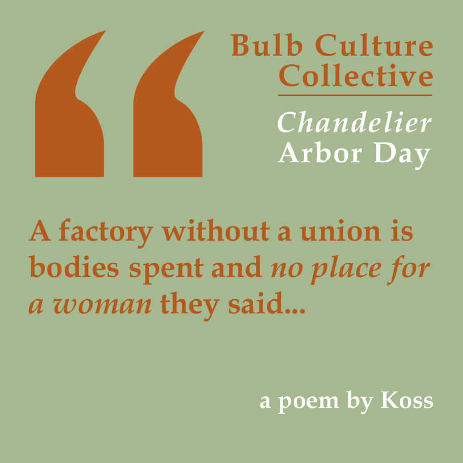 Lovely to have this poem about labor, my southern roots, and my great-grandmother in @BulbCultCo's Chandelier Arbor Day Issue. Thank you @_scoops__ & @jaredpovanda !! And congrats everyone!! !! Please click on the Arbor Day icon to read the issue. bulbculturecollective.com/chandelier-zine