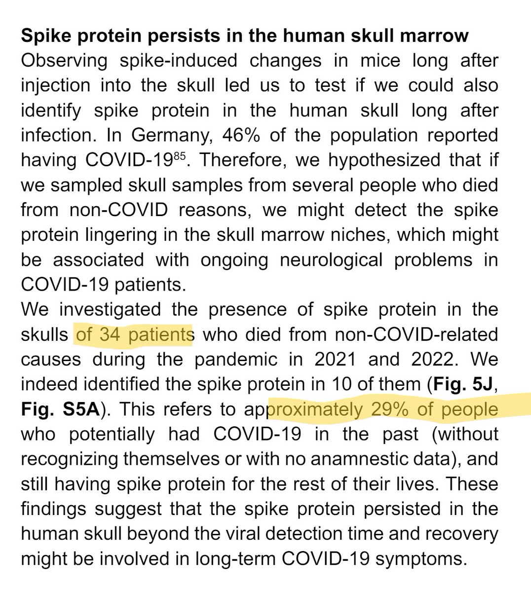 Autopsy was performed on average 5 days later. RNA degrades fast, but they still found spike RNA in their skull marrow in 10 out of 34. These people donated their bodies to science. They didn't die of Covid, but had confirmed Covid infections between 2021-2022. #ViralPersistence