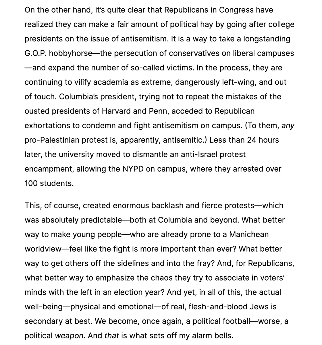 As I wrote on Tuesday, the *most* antisemitic thing happening on college campuses right now is the fact that Republicans have goaded college presidents, who now fear for their jobs, into joining the GOP in using Jews as a political weapon. puck.news/newsletter_con…