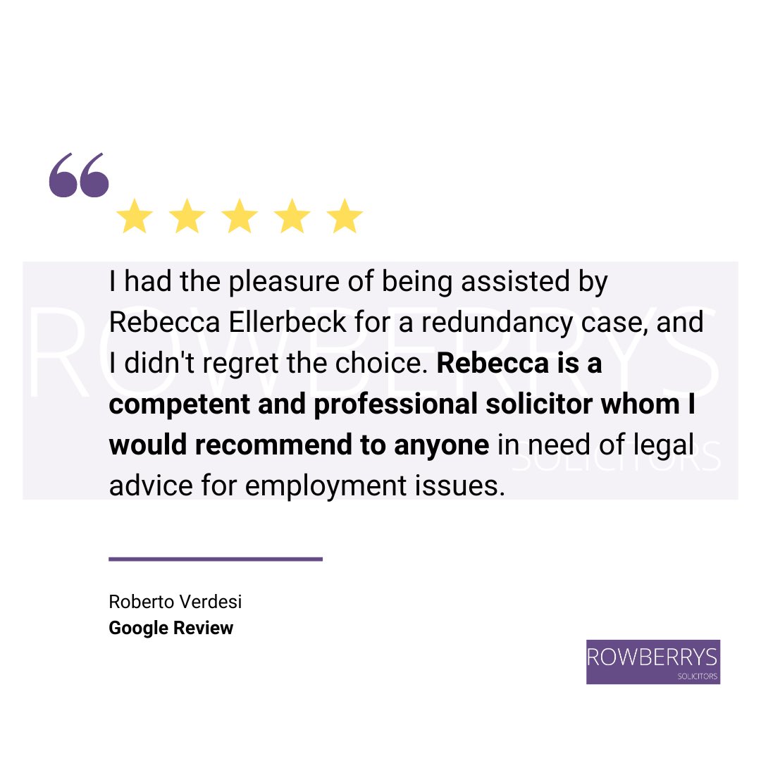 Another gleaming review for our Rebecca Ellerbeck. 
 
Thank you Roberto for his a 5 ⭐️ review.
 
This kind of #feedback makes all of the hard work worth it.
 
If you need any #Employmentlawadvice please contact us on:
 
📱 01344 775311
📧 info@rowberrys.co.uk
 
#employmentlawyer