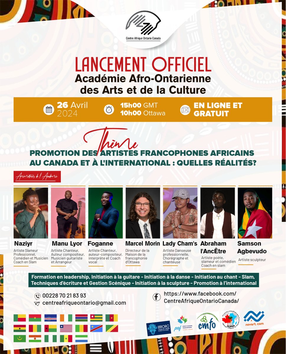 Lancement de l'Académie Afro-Ontarienne des Arts et de la Culture. Ajustement au niveau de l'heure pour le Canada - 4h de différence avec le GMT donc le lancement se fera dès 11h - heure de Montréal - 15h - heure GMT. meet.google.com/iez-imwu-gov